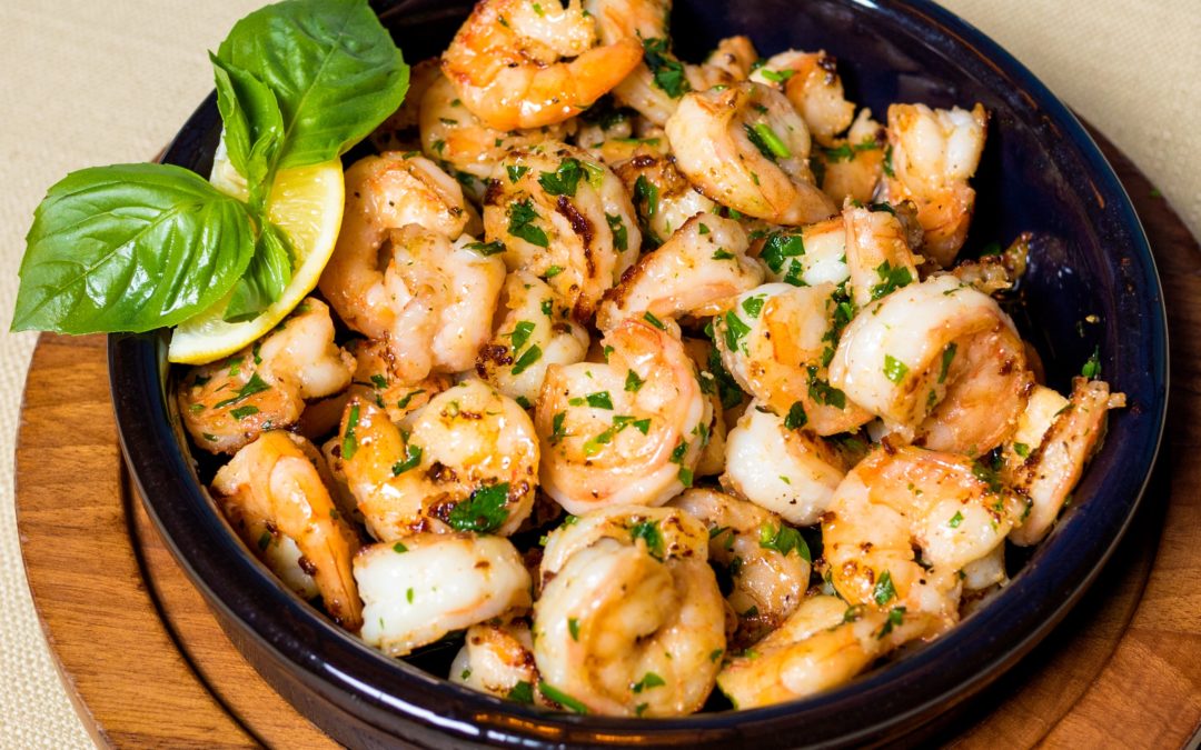 Skillet of shrimp. Shrimp is another great source of iodine in our diet. Image from Unsplash.