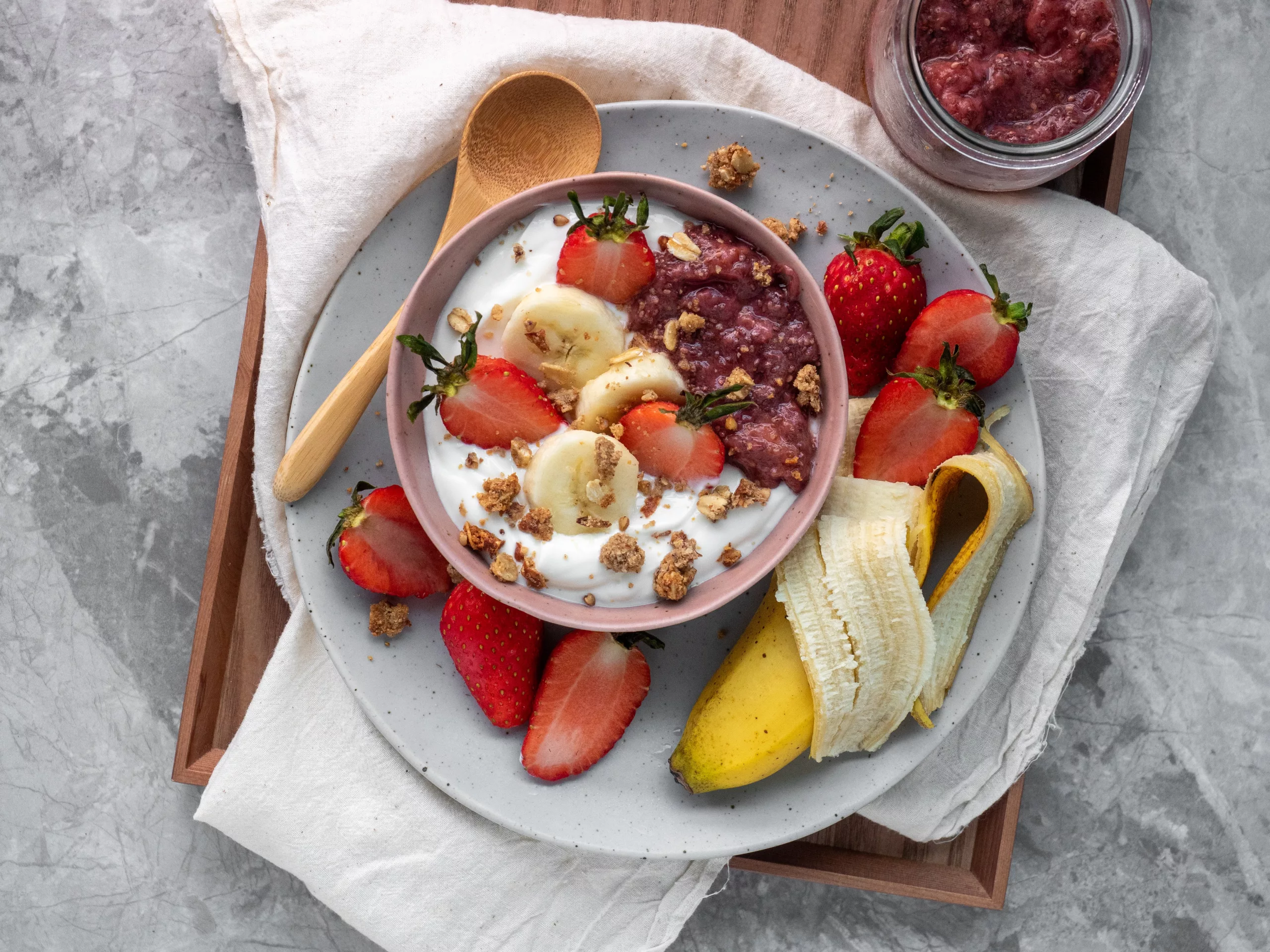 Creating a meal with both yogurt and fruit is a great way to combine prebiotics and probiotics