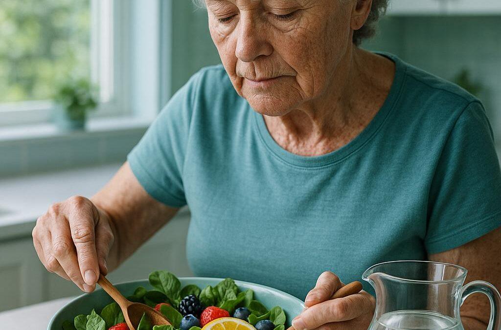 The photograph captures an older woman in a brightly lit modern kitchen, gracefully preparing a colorful salad brimming with leafy greens, vibrant berries, and citrus slices. The scene is bathed in natural light filtering through a large window, creating an airy and inviting atmosphere. The woman, displaying natural skin texture complete with fine microdetails and subtle imperfections, focuses intently on her task, drawing viewers into her world without making direct eye contact. The cool color palette of greens and blues is accented by the splash of fruit colors, emphasizing the health benefits of the alkaline diet. A bowl of quinoa and a jug of alkaline water sit nearby, symbolizing balance and nourishment. The image’s depth is enhanced through soft shadows and highlights that define her features, showcasing age with grace. Shot on a Canon EOS R5, the intricate details of the skin and the luminous quality of the food come alive, creating a compelling narrative on health and wellness for older women.