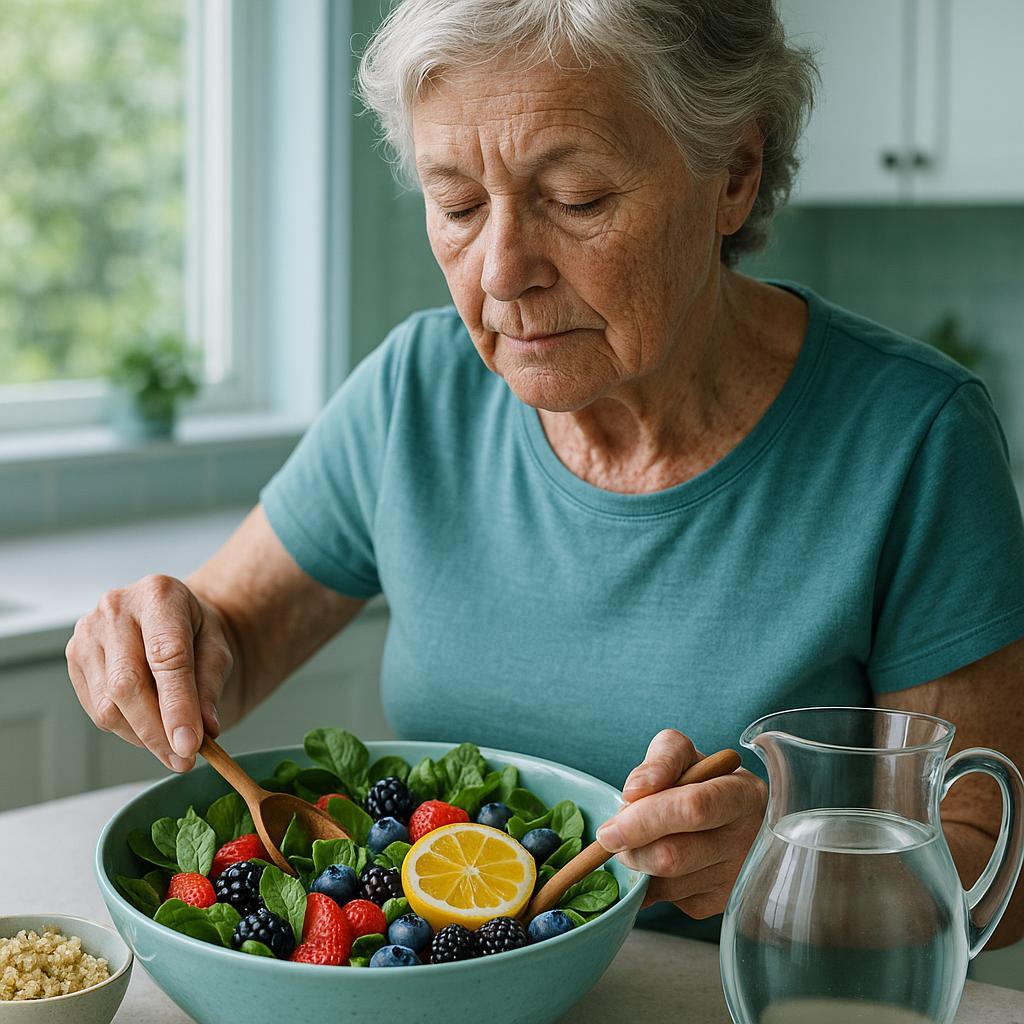 alkaline diet The photograph captures an older woman in a brightly lit modern kitchen, gracefully preparing a colorful salad brimming with leafy greens, vibrant berries, and citrus slices. The scene is bathed in natural light filtering through a large window, creating an airy and inviting atmosphere. The woman, displaying natural skin texture complete with fine microdetails and subtle imperfections, focuses intently on her task, drawing viewers into her world without making direct eye contact. The cool color palette of greens and blues is accented by the splash of fruit colors, emphasizing the health benefits of the alkaline diet. A bowl of quinoa and a jug of alkaline water sit nearby, symbolizing balance and nourishment. The image’s depth is enhanced through soft shadows and highlights that define her features, showcasing age with grace. Shot on a Canon EOS R5, the intricate details of the skin and the luminous quality of the food come alive, creating a compelling narrative on health and wellness for older women.