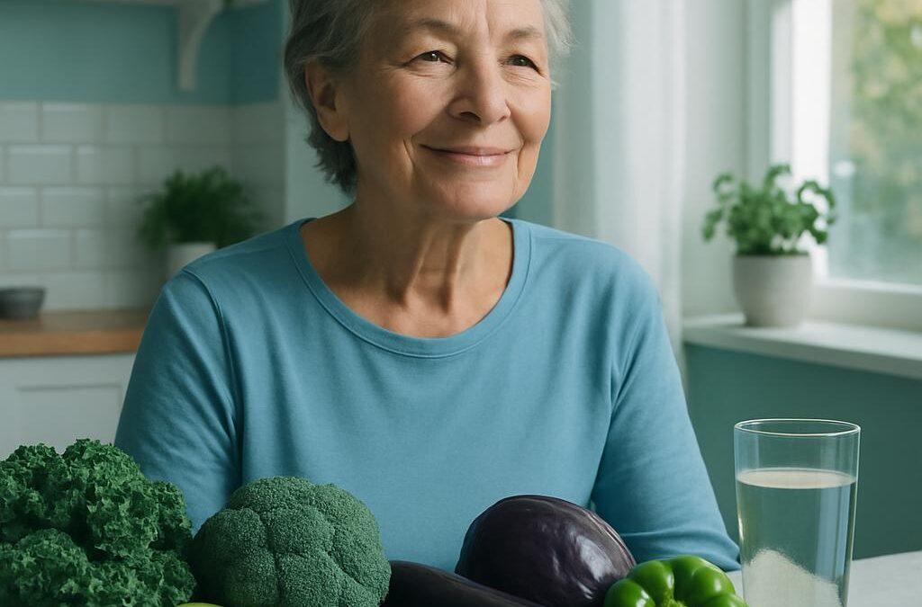 The photograph features a relaxed older adult in a bright, modern kitchen, smiling softly as they gaze slightly away from the camera, embodying satisfaction and serenity. Natural light floods the scene, casting gentle shadows that create a sense of depth. The subject, with visible skin texture and natural imperfections, showcases authenticity, reinforcing the connection to healthy living. Surrounding them are vibrant, colorful fruits and vegetables arranged artfully on a countertop, signifying the health benefits of an alkaline and vegetarian diet. The cool-toned color palette emphasizes greens, blues, and purples, with splashes of color from the produce, drawing attention to the nutritional theme. Subtle elements, like a glass of alkaline water nearby, symbolize hydration, while the overall composition remains balanced, evoking a harmonious lifestyle aligned with the blog's content.