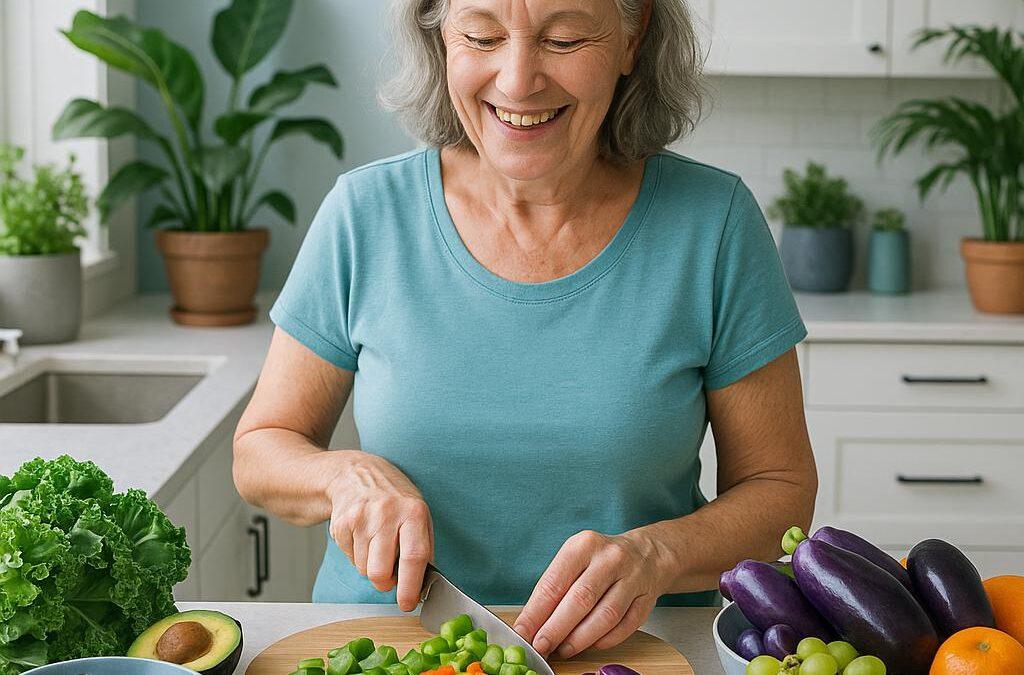 In a bright, modern kitchen, an older woman stands joyfully amid a vibrant array of fresh fruits and vegetables, embodying the essence of an alkaline vegetarian diet. The scene is bathed in soft, natural light, accentuating the cool color palette of greens, blues, and purples, with hints of contrasting orange from nearby fruit. The woman, with visible skin texture and natural imperfections, is engaged in chopping colorful bell peppers, her focused expression highlighting the joy of healthy cooking. Subtle shadows create depth, drawing the viewer's gaze to her hands and the vibrant ingredients. The background features lush houseplants, symbolizing health and vitality, enhancing the overall harmony of the composition. The photograph captures the beauty of authenticity and the promise of optimal wellness, inviting readers to explore the blog's themes.