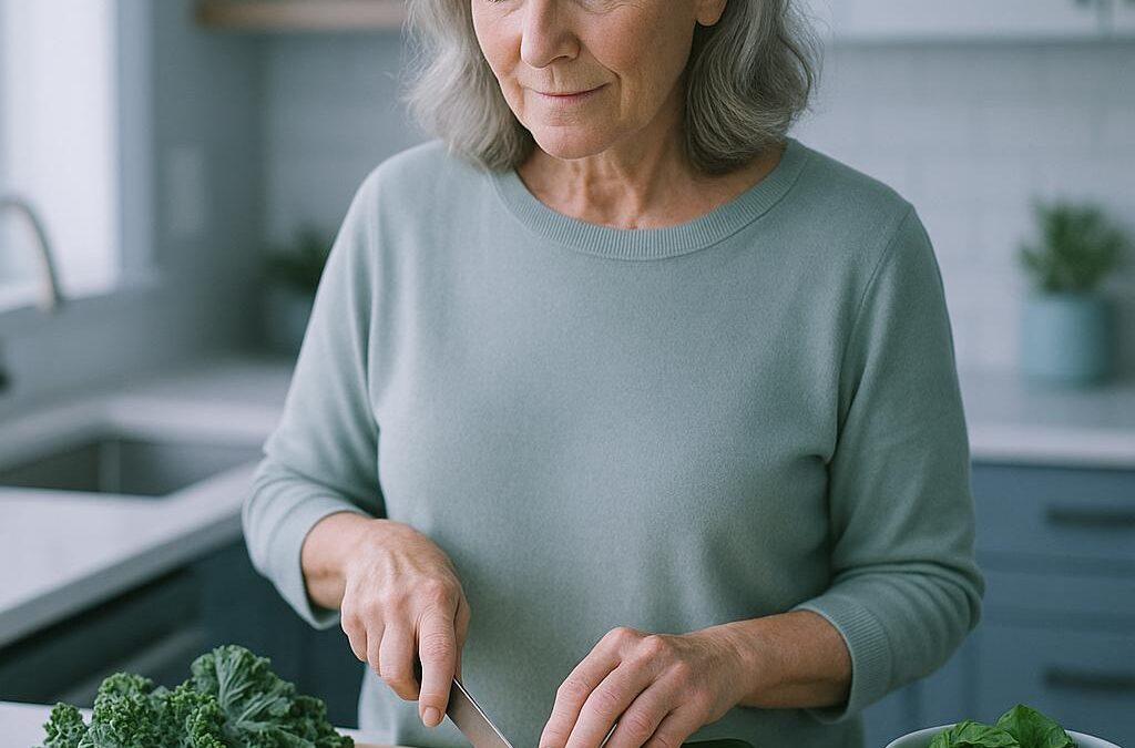 In a modern kitchen bathed in natural light, an older adult woman prepares a vibrant spread of alkaline vegetarian ingredients. She stands at the center of the frame, her hands delicately slicing fresh cucumbers while colorful vegetables like kale, bell peppers, and avocados adorn the cutting board, symbolizing a healthy lifestyle. The cool-toned color palette—soft greens, cool blues, and subtle purples—creates a calming yet engaging atmosphere. Natural imperfections like fine wrinkles and peach fuzz enhance her authenticity, while light plays gently on her skin, showcasing its microtexture. The photograph, captured with a Canon EOS R5 at 85mm and f 1/4, effectively highlights the subject without direct eye contact, inviting viewers into her healthy meal preparation, embodying the blog's message of nutritious options for older adults.
