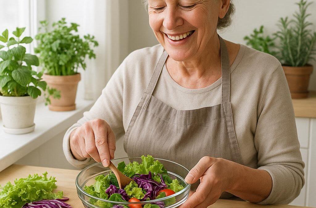 The photograph captures a serene moment in a bright, airy kitchen adorned with potted herbs and fresh vegetables. An older woman, dressed in neutral hues, radiates happiness as she prepares a colorful salad, engaging in the vibrant ingredients' natural beauty. Her skin shows realistic textures, with visible pores and subtle imperfections, illuminated by soft, natural light that creates a gentle glow and highlights her cheerful expression. The cool color palette—greens from leafy vegetables, purples from red cabbage, and deep reds from tomatoes—stands out against the light wooden countertops, emphasizing a healthy lifestyle. The composition draws attention to her joyful demeanor and the vibrant, nutrient-rich ingredients, symbolizing the blog's theme of health benefits from an alkaline vegetarian diet.