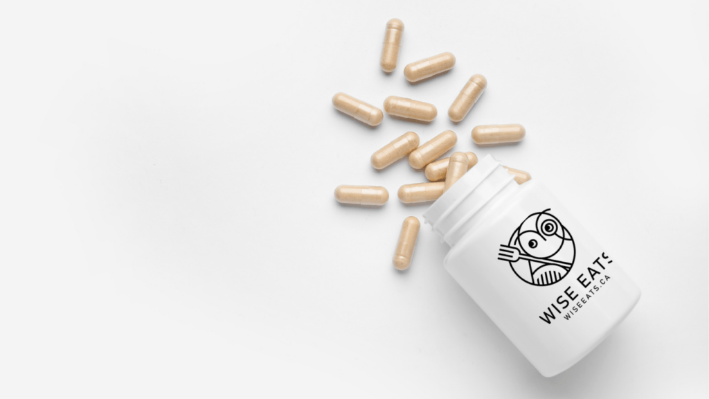 Wise Eats branded nutritional supplement bottle with capsules for dietitian-designed supplement plans in BC